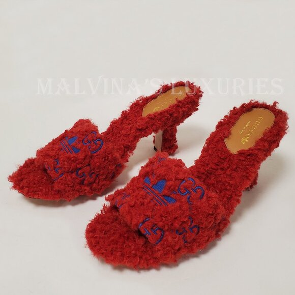 GUCCI SHOES ADIDAS TREFOIL GG LOGO SHEARLING EFFECT SLIDE SANDALS sz 39.5 9.5 - Picture 3 of 16
